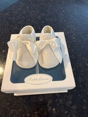 Ralph Lauren Cream Knit Baby Bow Slip-On Shoes
